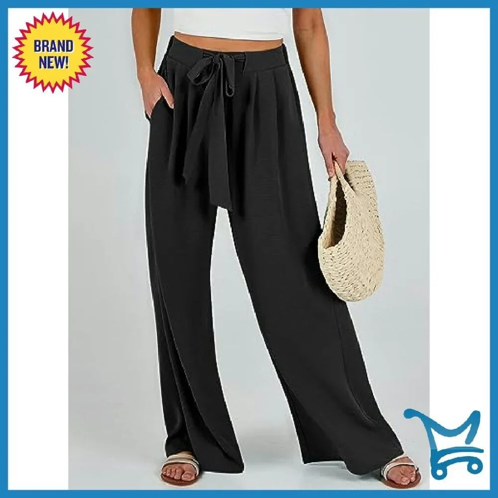 Wide Leg Palazzo Pants High Waist Flowy Linen Casual Lounge Trousers
